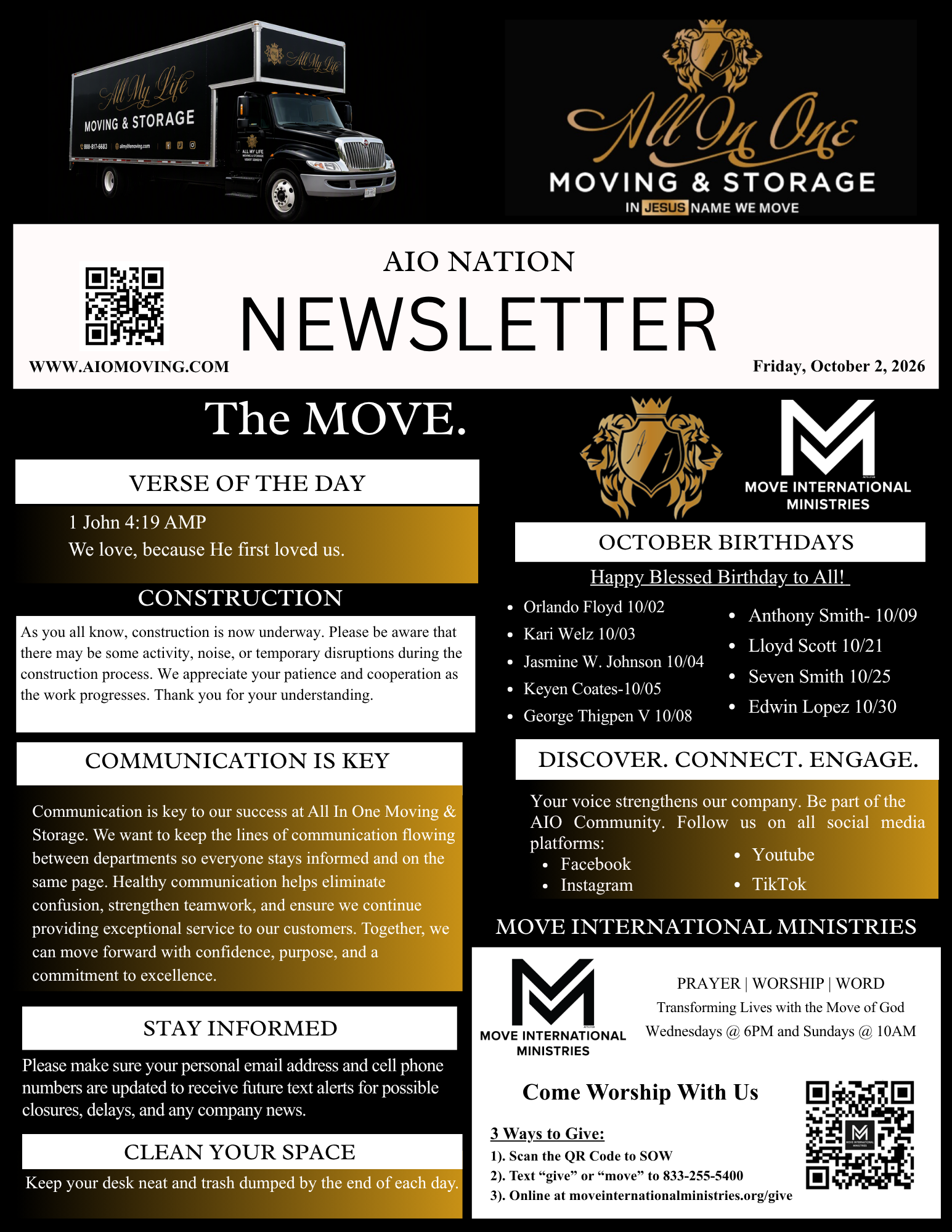 October 2026 AIO Nation company newsletter from All In One Moving & Storage, dated Friday, October 2, 2026, featuring the verse of the day, October birthdays, company announcements, and Move International Ministries information.