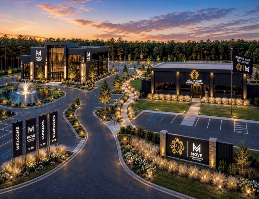 Concept rendering of the All In One Moving & Storage and Move International Ministries property at dusk, showing a modern black-and-gold campus design with a fountain, illuminated entrances, landscaped grounds, and branded signage.